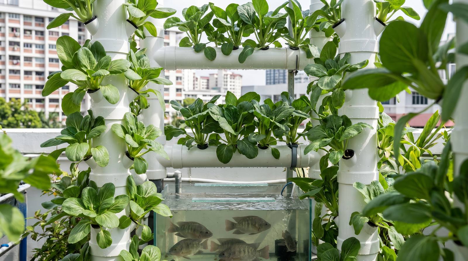 Vertical aquaponics towers growing fresh leafy greens above a tilapia fish tank at an urban farm in Singapore