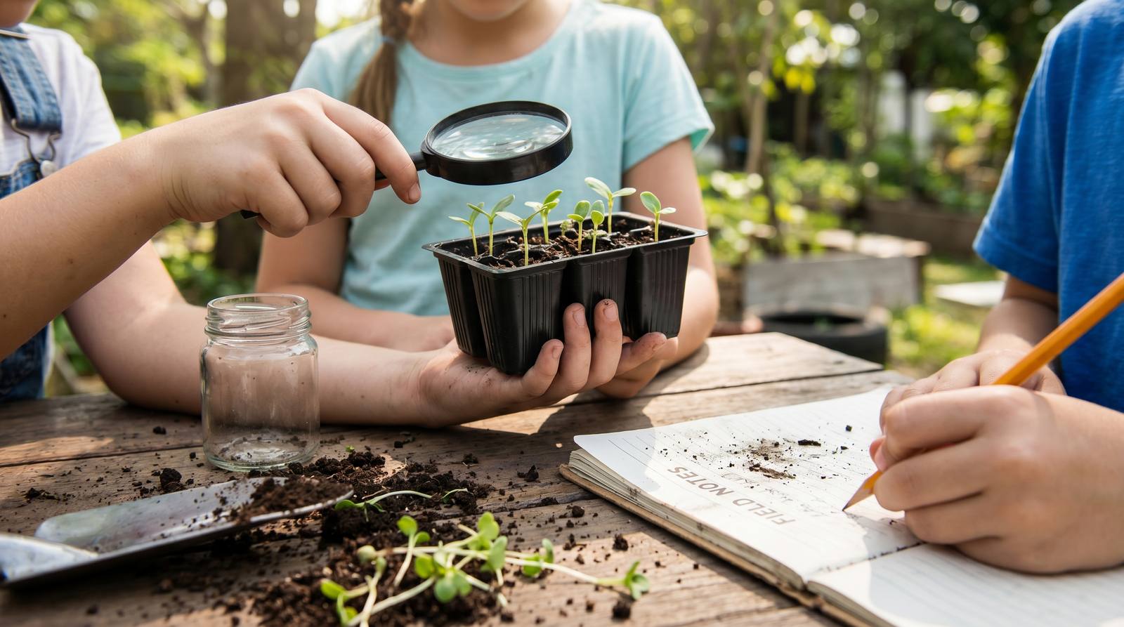 Children examining seedlings with a magnifying glass and writing in a lab notebook at an outdoor farm science workshop