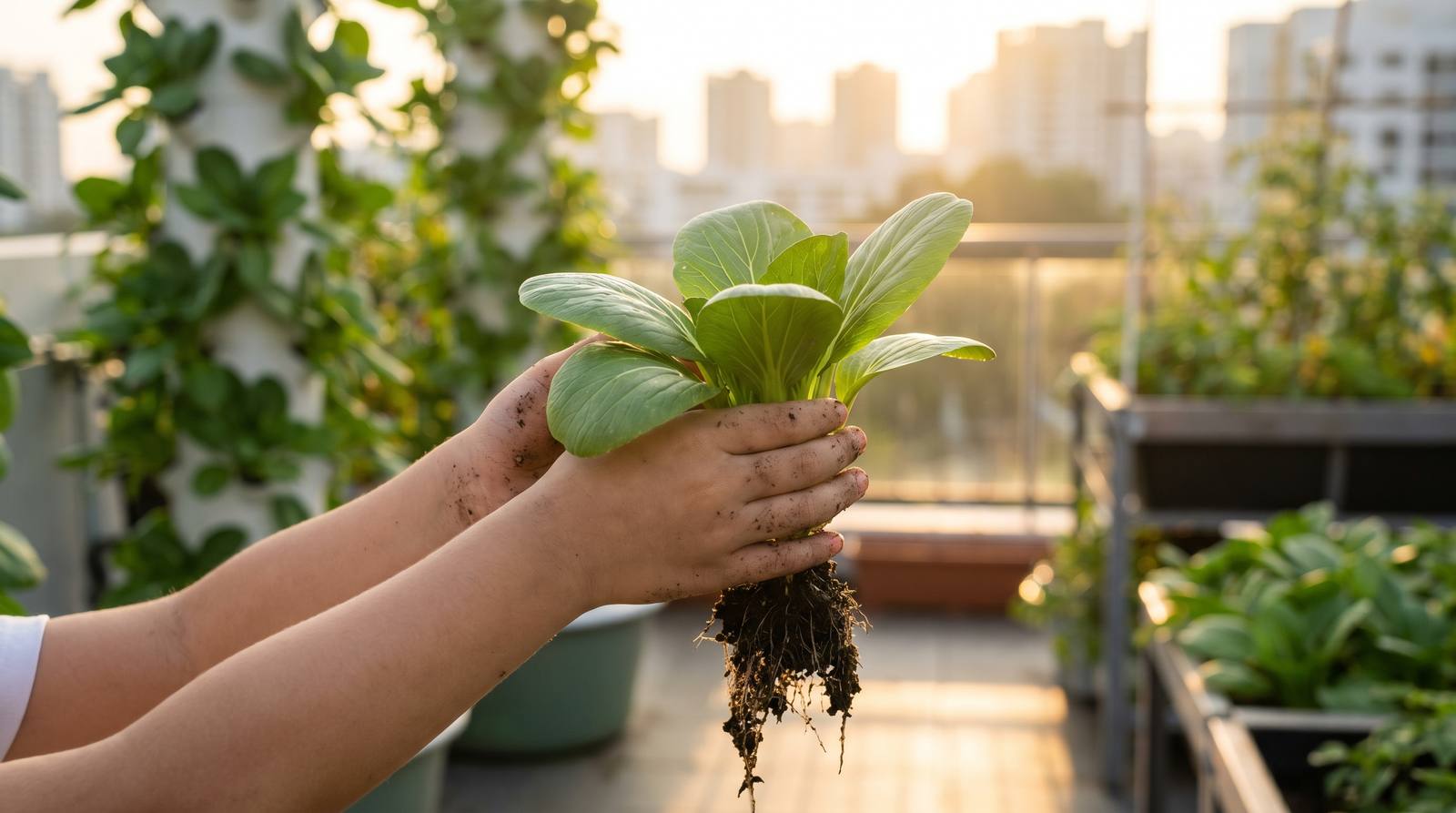 A child's hands holding freshly harvested bok choy with roots, against a Singapore rooftop farm and city skyline at golden hour