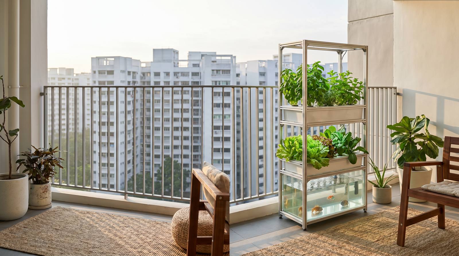 A compact home aquaponics unit with herbs and a fish tank on a modern Singapore HDB apartment balcony