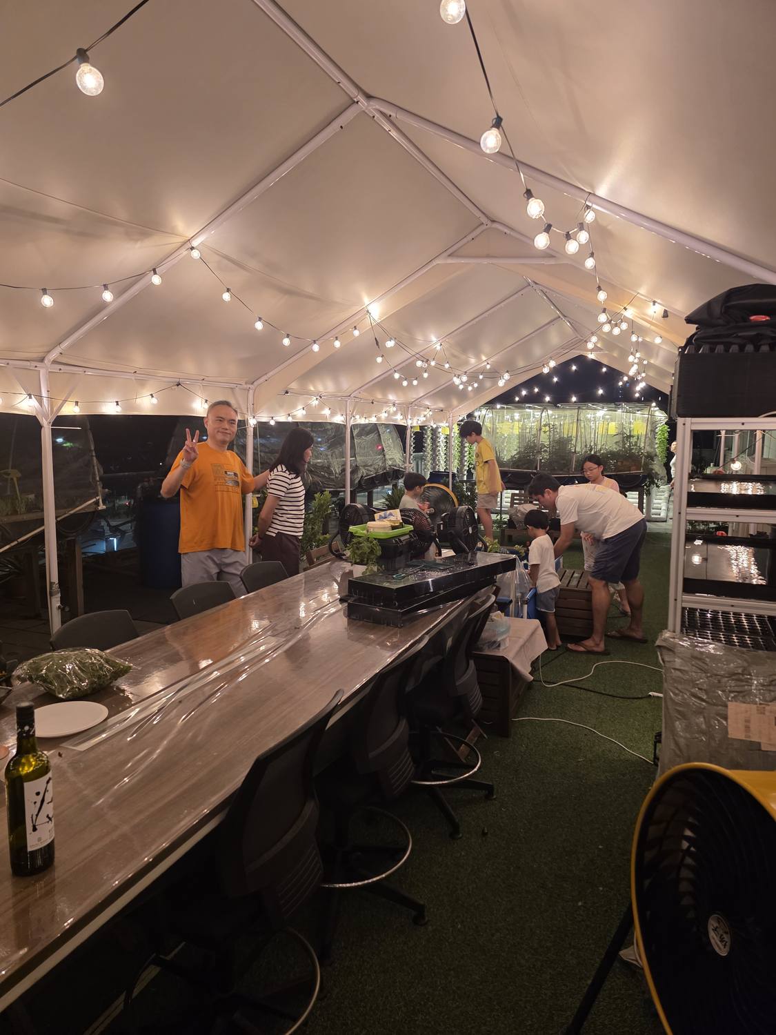 The farm's open-air pavilion in the evening, glowing with string lights over a long communal table โ the setting for our bespoke farm experiences